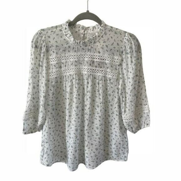 NWT Blu Pepper Ditsy White Floral Balloon Sleeve Top Small CottageCore ruffle - Picture 1 of 8